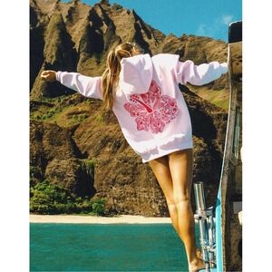 Pink Palm Puff S Everything Comes In Waves Hoodie Palm Tree Hibiscus Embroidery
